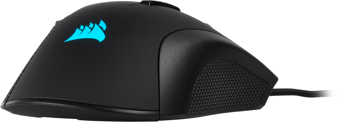 Black gaming mouse with a blue logo.