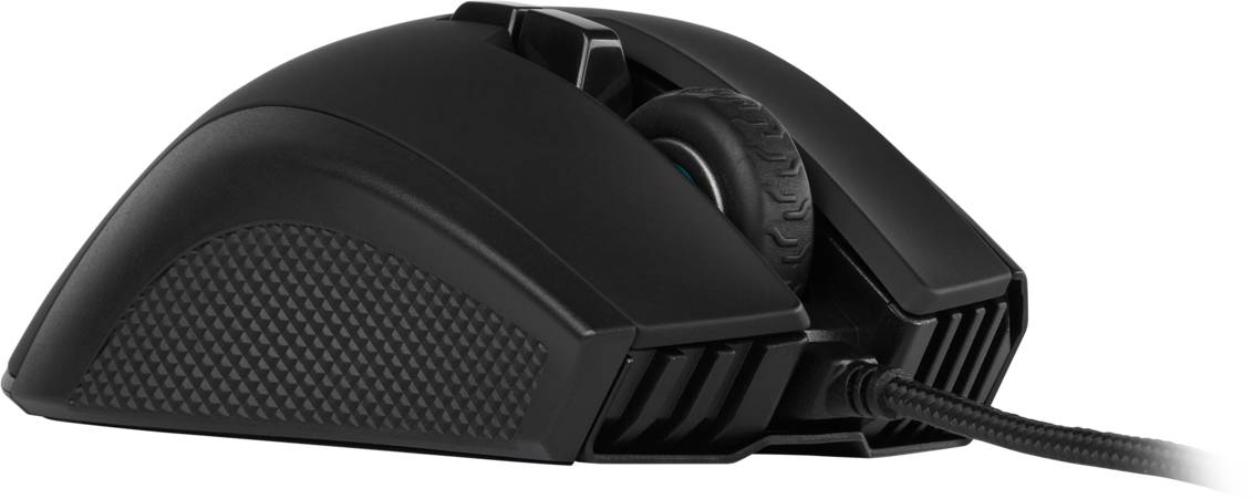 Black computer mouse with a wheel and textured grip. Connected to a black cable.