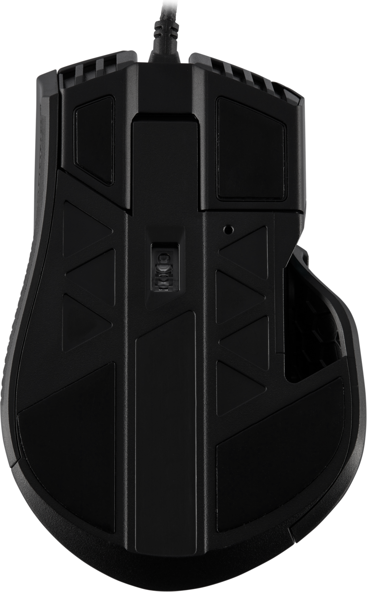 Black gaming mouse with a textured surface, visible buttons, and a cord.
