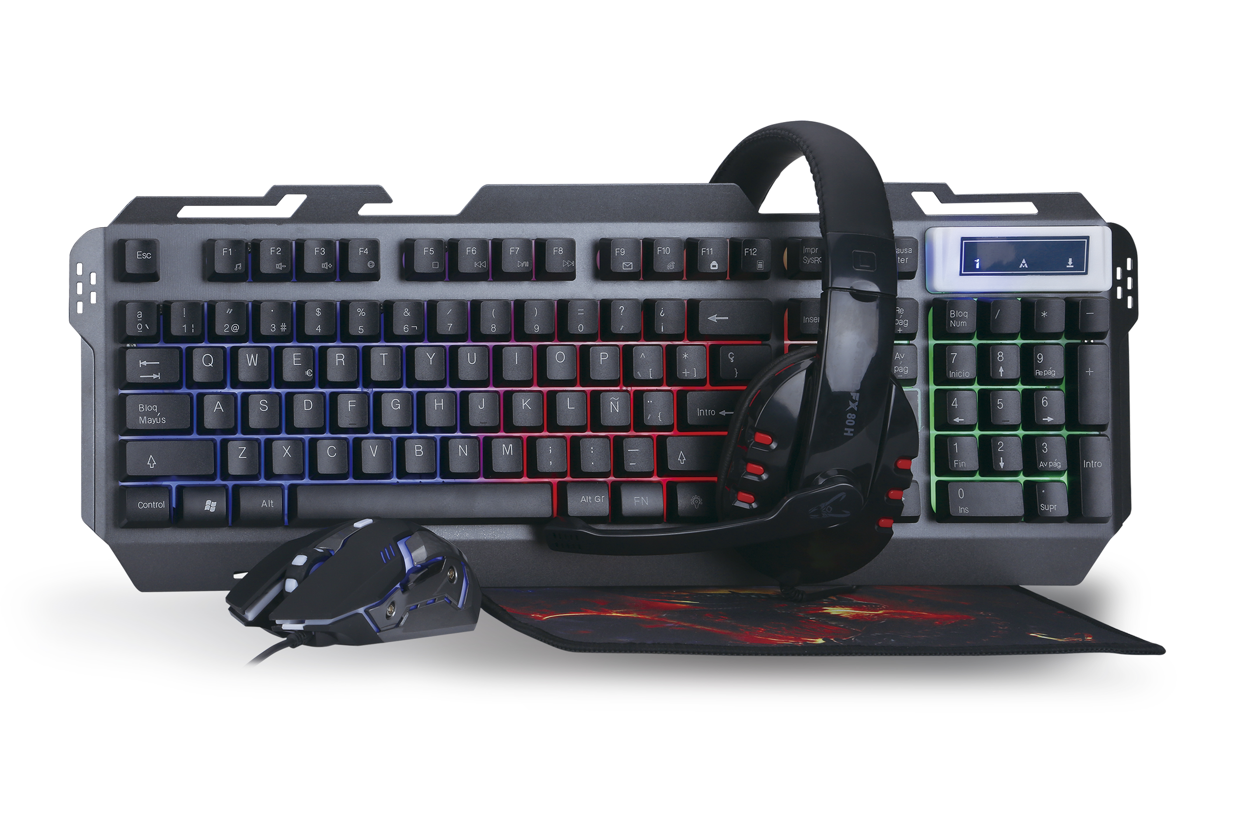 Woxter Stinger Fx 80 megakit pack gaming kit teclado retroiluminado de base hasta 3200 dpi alfombrilla microfibra 25x21 y auriculares 2.0 con usb qwerty negro pad idioma fx80 gm26004