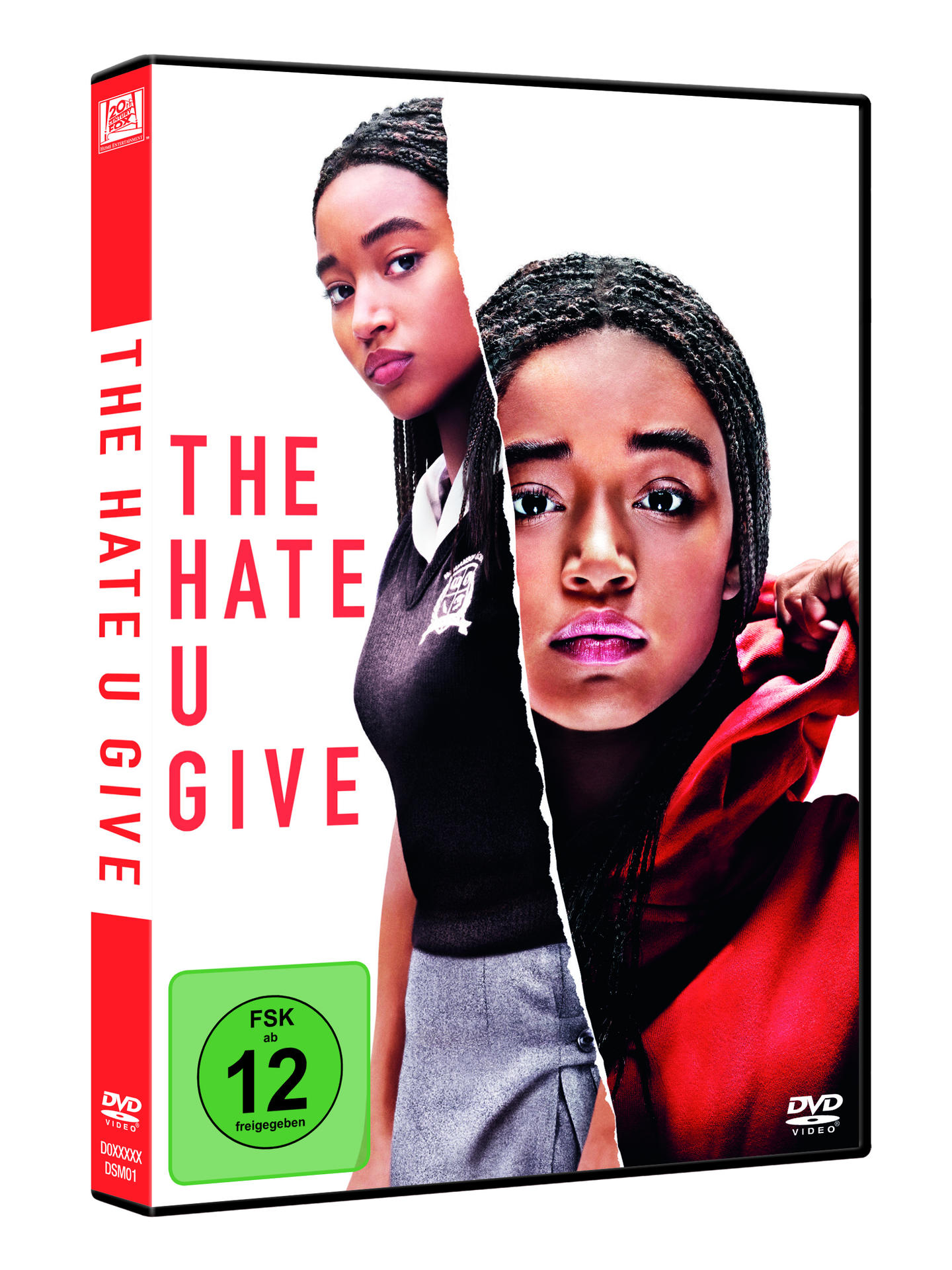 DVD-Cover von 'The Hate U Give', Gesicht einer Frau gespalten. Roter Text, grüner Sticker.