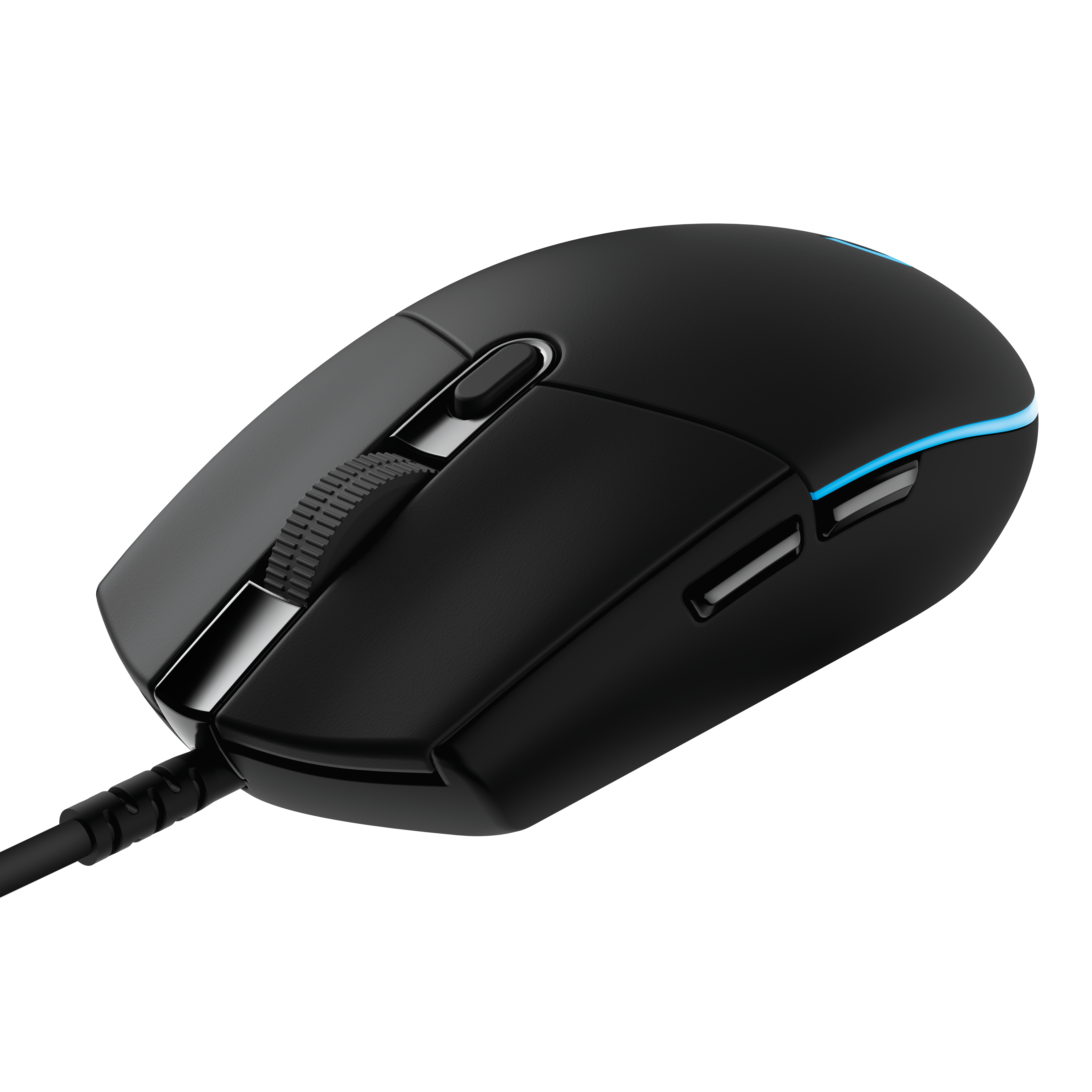 Schwarze Computermaus mit Scrollrad und Seitentasten. Auf der Seite leuchtet eine blaue LED.