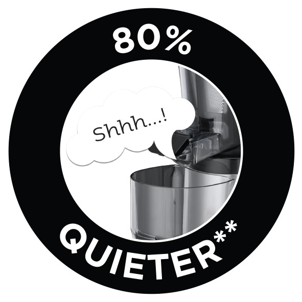 Appareil noir et argenté avec le texte 'Quieter'. Cercle noir.