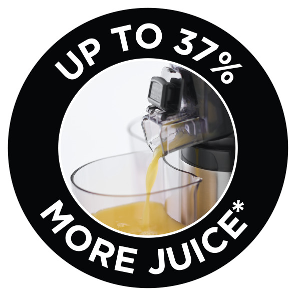 Gros plan d'un presse-agrumes avec le texte 'UP TO 37% MORE JUICE' dans un cercle noir sur fond blanc.