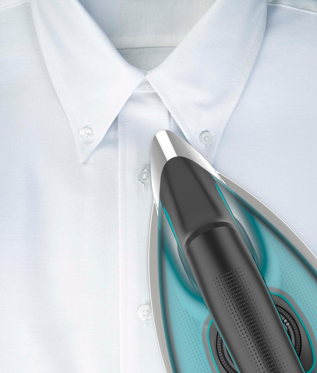 Un fer à repasser repassant une chemise blanche. Le fer est noir et argenté, vapeur.