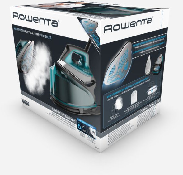 Boîte de fer à repasser Rowenta Compact Steam Pro. Montre le fer à repasser avec vapeur et détails.