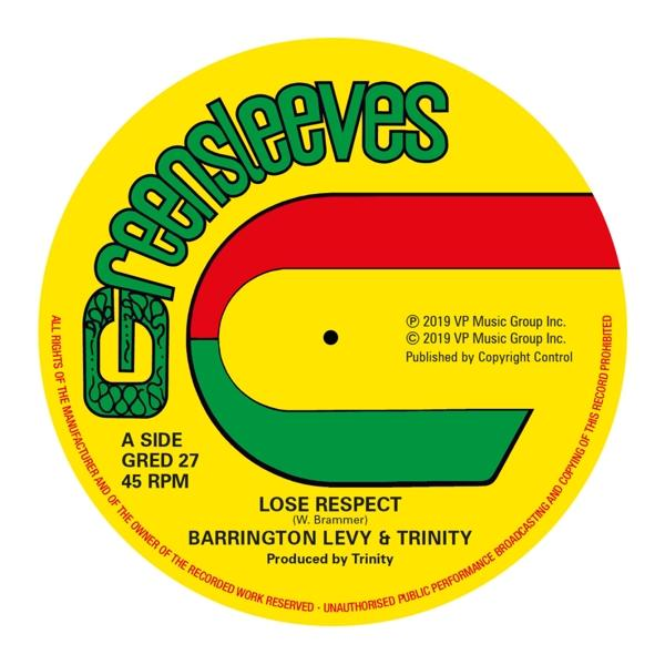 Schallplattenlabel: Greensleeves. Gelbe und grüne Farben. Text: Lose Respect. Barrington Levy & Trinity.