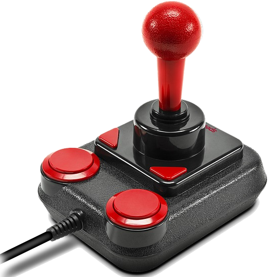Roter und schwarzer Joystick mit zwei roten Knöpfen und schwarzer Basis.