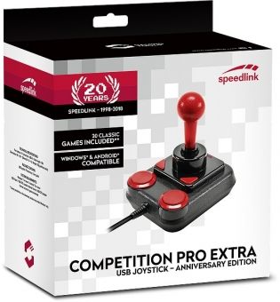 Ein Videospiel-Joystick auf einer Box mit der Aufschrift Competition Pro Extra.