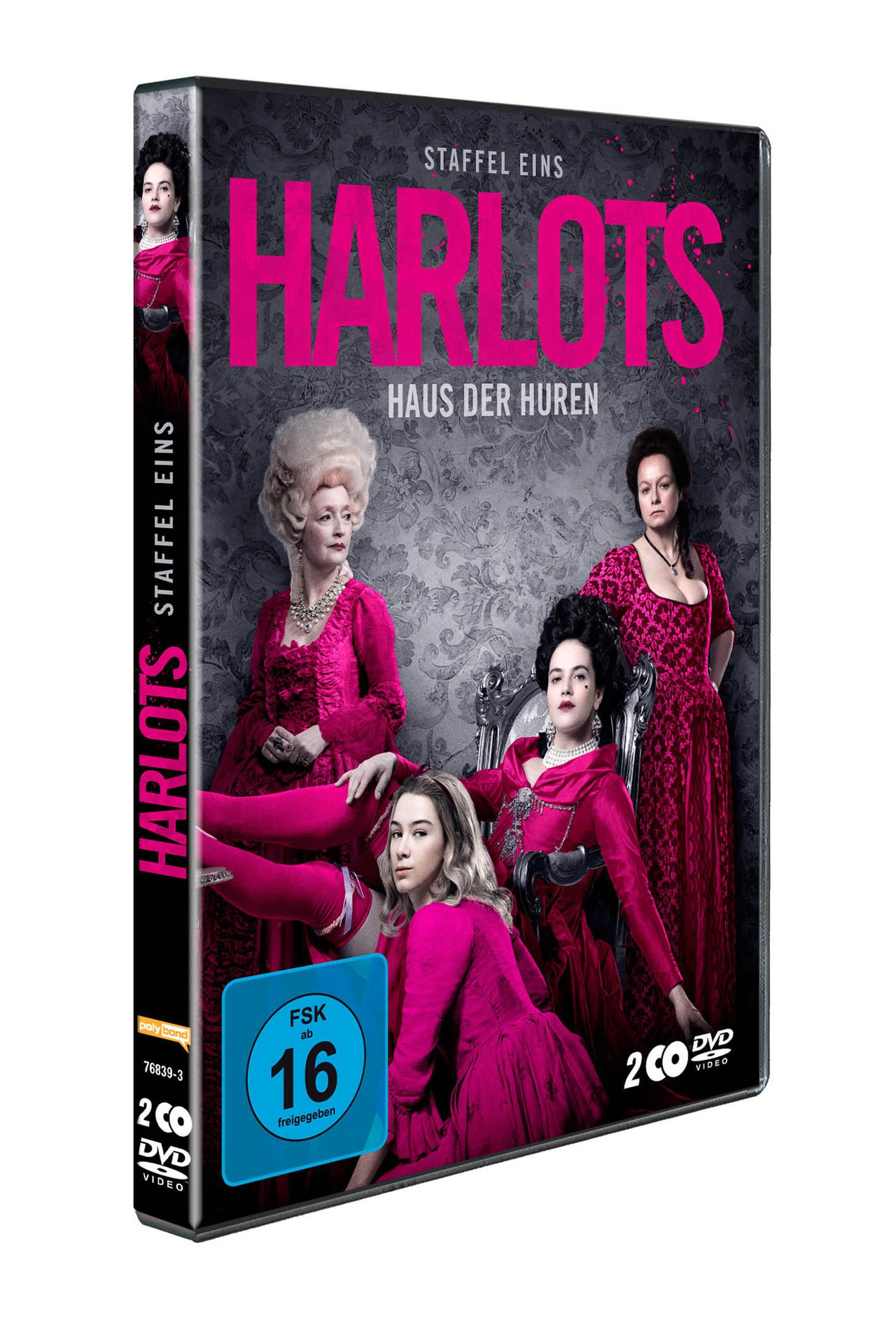 DVD-Hülle mit vier Frauen auf dem Cover. Pinke Outfits und Titel: HARLOTS.