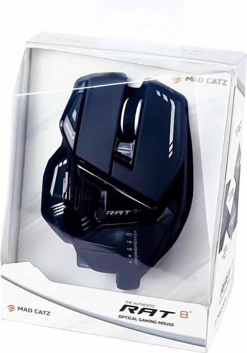 Eine schwarze Mad Catz R.A.T. 8+ optische Gaming-Maus in einer weißen und transparenten Verpackung.