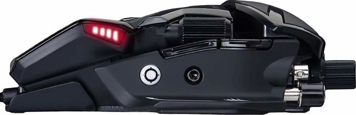 Seitenansicht einer schwarzen Gaming-Maus mit roten LED-Anzeigen, Scrollrad und programmierbaren Tasten.