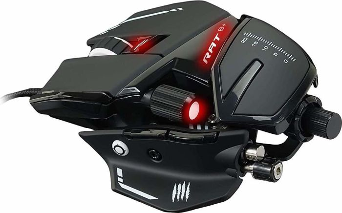 Eine schwarze modulare Gaming-Maus mit roten LED-Akzenten und verstellbaren Teilen auf weißem Hintergrund.
