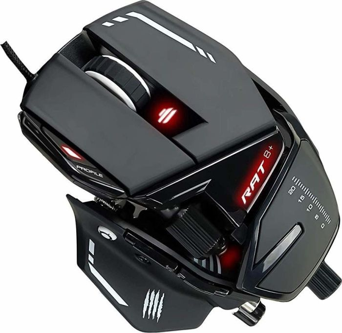 Eine schwarze MAD CATZ R.A.T. 8+ Gaming-Maus mit roten LED-Akzenten und komplexem, anpassbarem Design.