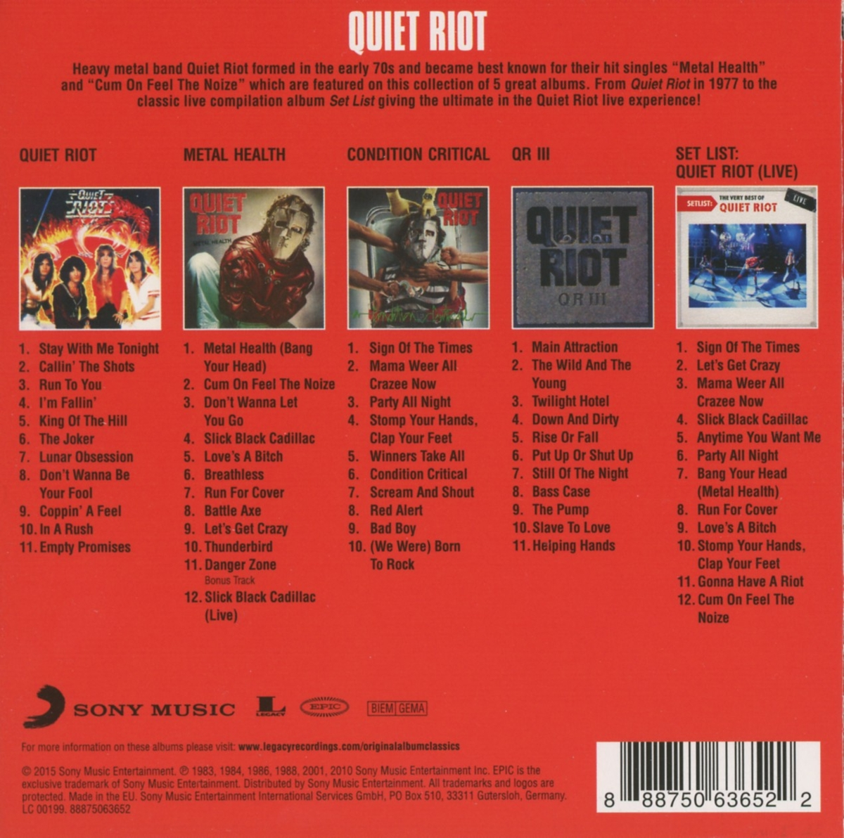 Albumcover für Quiet Riot mit Album-Artwork und Titellisten.