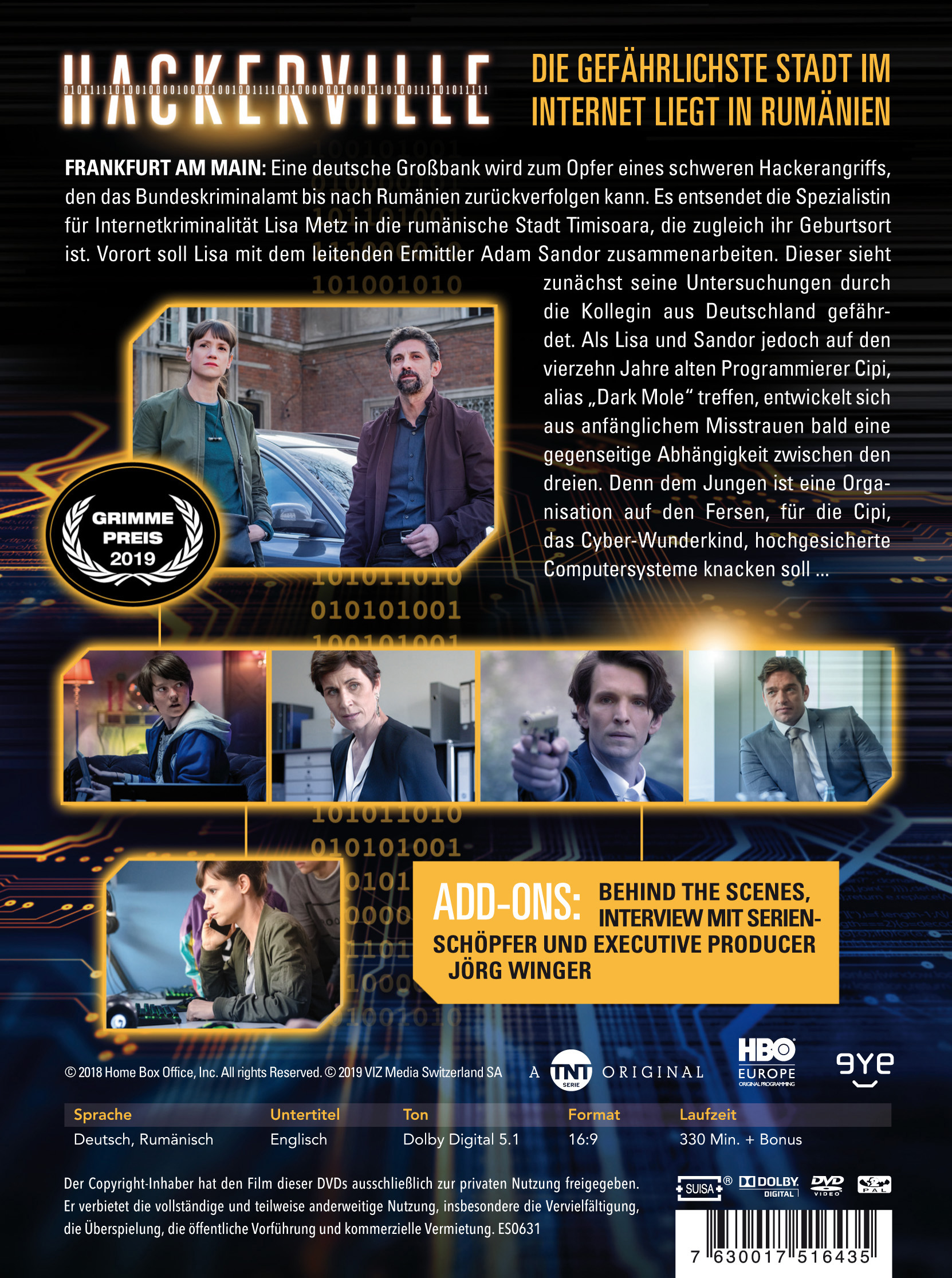 Rückseite der DVD 'Hackerville', mit Fotos der Besetzung und einer Zusammenfassung auf Deutsch.