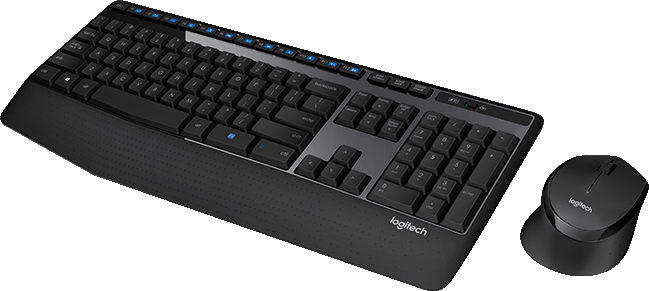 Black keyboard and mouse set. Ergonomic design, on a gray background.
