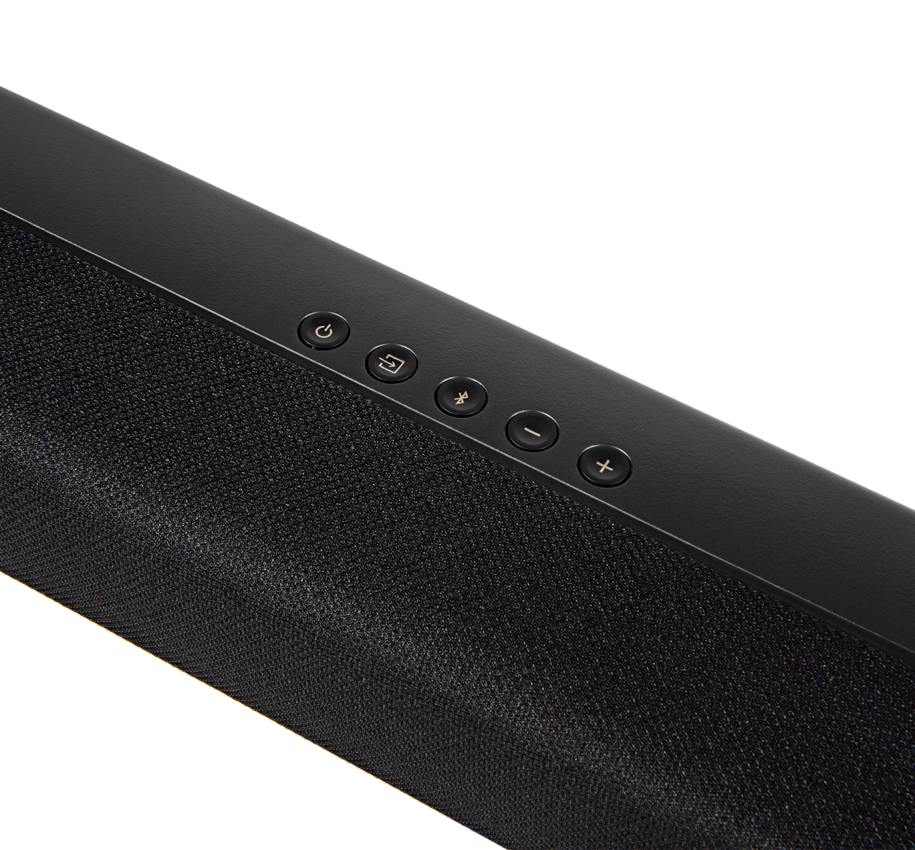 Soundbar bekapcsológombbal és hangerőszabályzókkal.