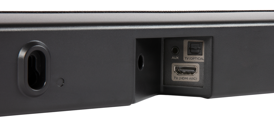 Egy soundbar hátuljának közeli képe csatlakozókkal: AUX, TV (Optical).