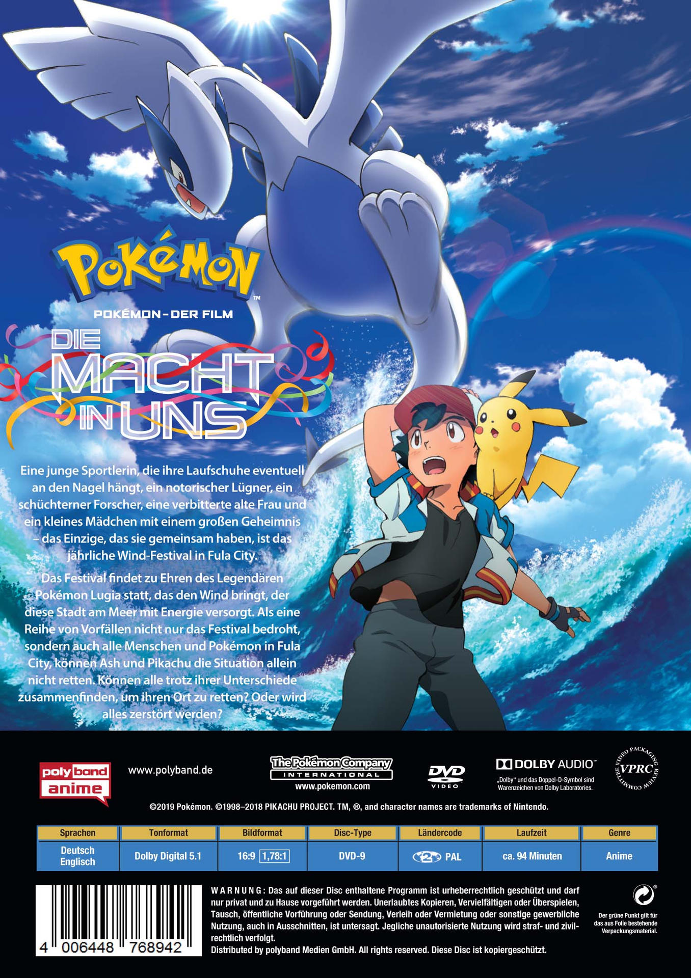 Rückseite der Pokémon-Film-DVD, mit den Charakteren Ash und Pikachu, mit Text auf Deutsch.