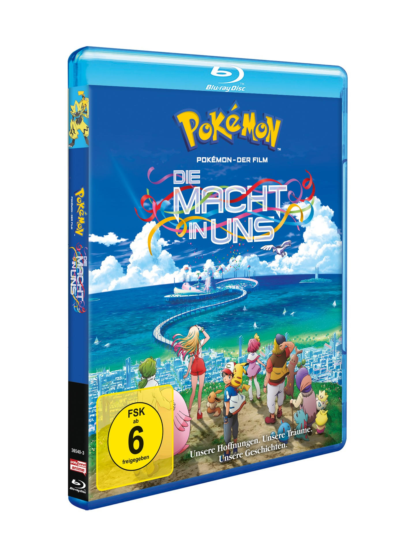 Blu-ray-Cover für „Pokémon: Die Macht in uns“ mit Charakteren und einer lebendigen Szene.