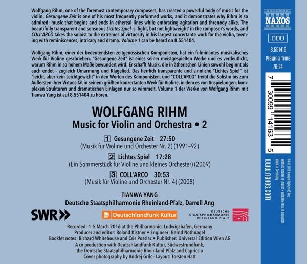 CD-Cover mit Text über Wolfgang Rihms 'Musik für Violine und Orchester' und musikalische Details.