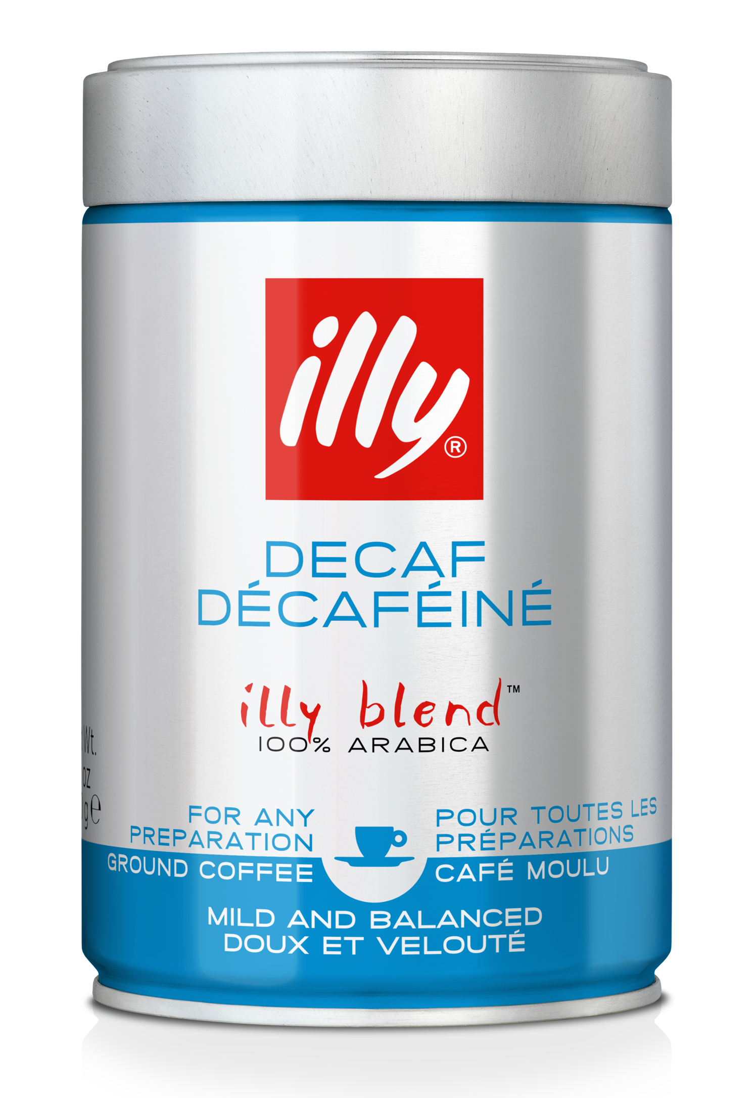 Eine zylindrische Dose Illy Decaf Kaffee. Blau und weiß mit Text.