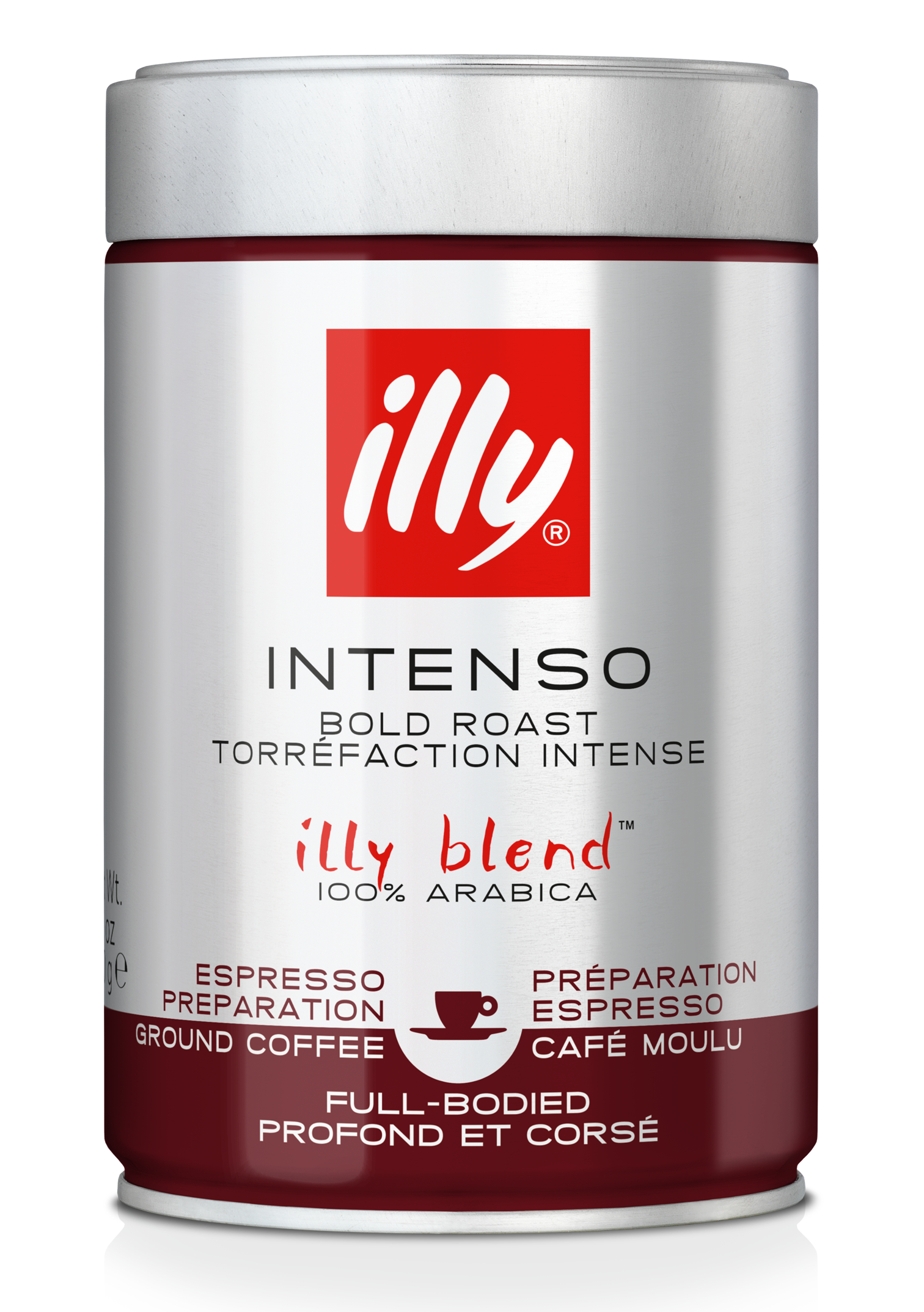 Kaffeedose mit rotem Etikett und weißem Text. Es steht 'Illy Intenso' und 'Gemahlener Kaffee'.
