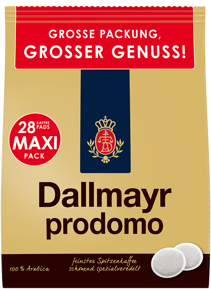 Kaffeepad-Verpackung. Roter Deckel, brauner Text: Dallmayr prodomo, 28 Kaffeepads, 100% Arabica.