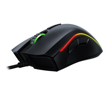 Ratón gaming negro con luces de colores y cable.