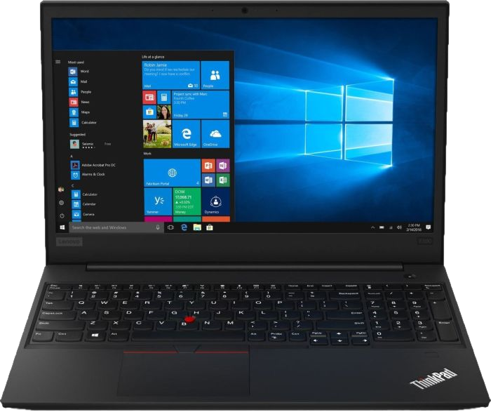 Ein schwarzer Lenovo ThinkPad-Laptop ist geöffnet und zeigt einen Windows-Desktop mit mehreren Symbolen.