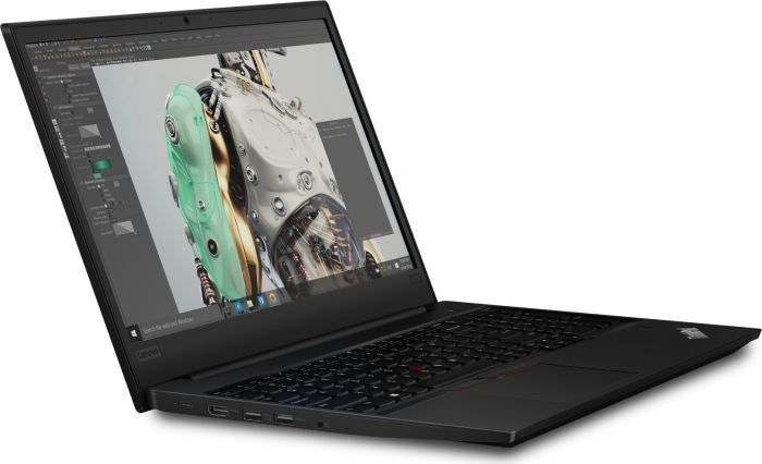 Schwarzes Lenovo Laptop, das ein 3D-Modell auf dem Bildschirm anzeigt. Winkelansicht.