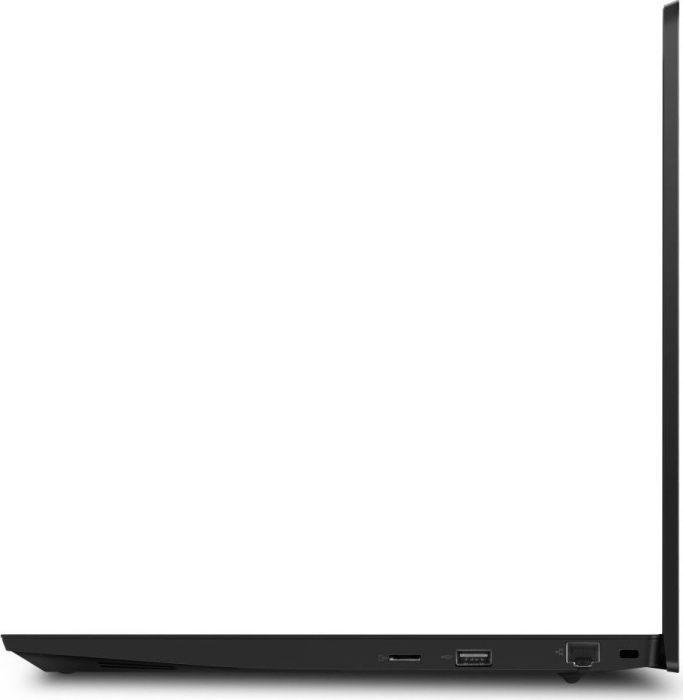 Schwarzer Laptop von der Seite, zeigt Anschlüsse und ein dünnes Profil.