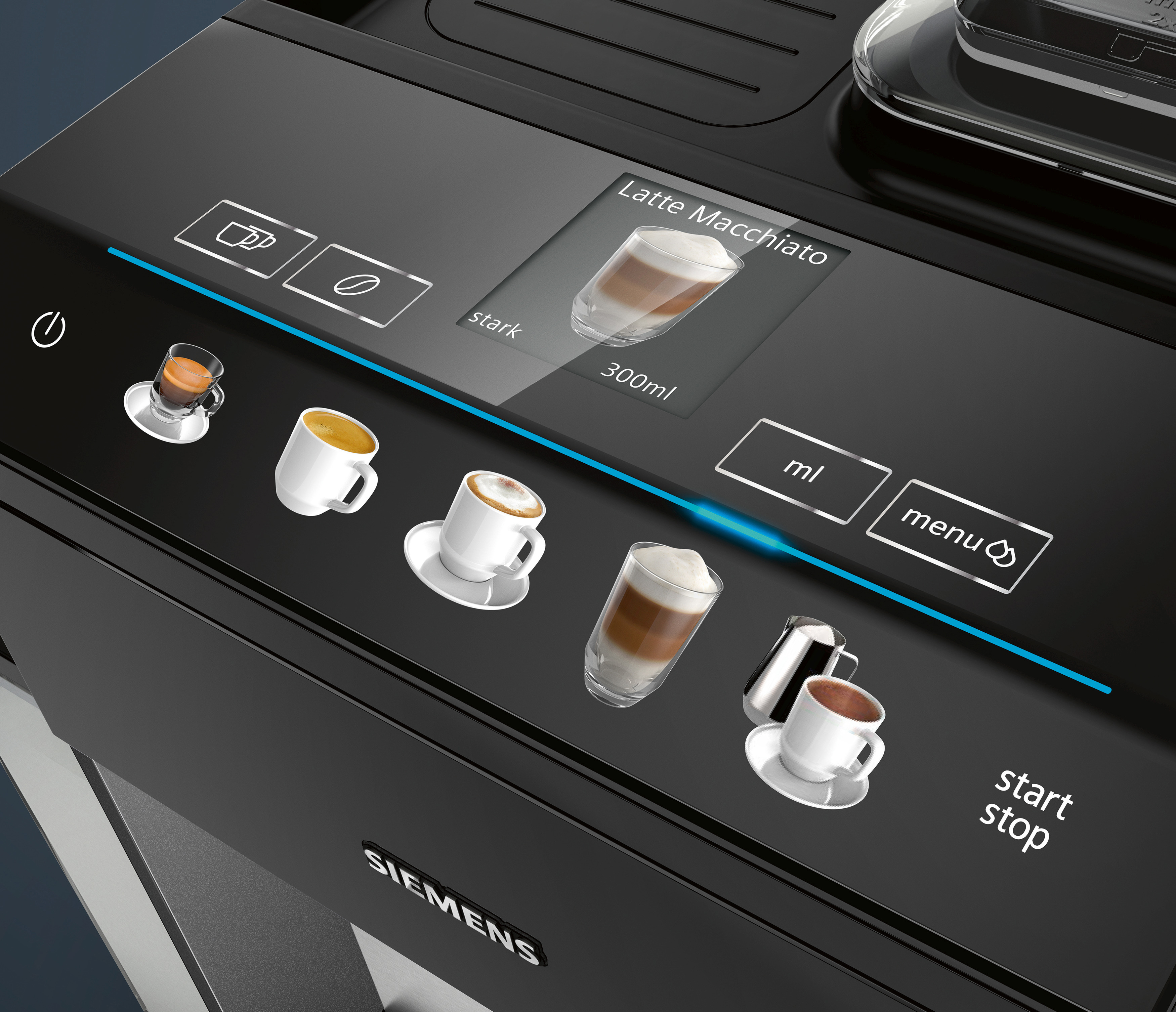 Bedienfeld der Kaffeemaschine mit verschiedenen Getränkeoptionen, einem Display und einer Starttaste.