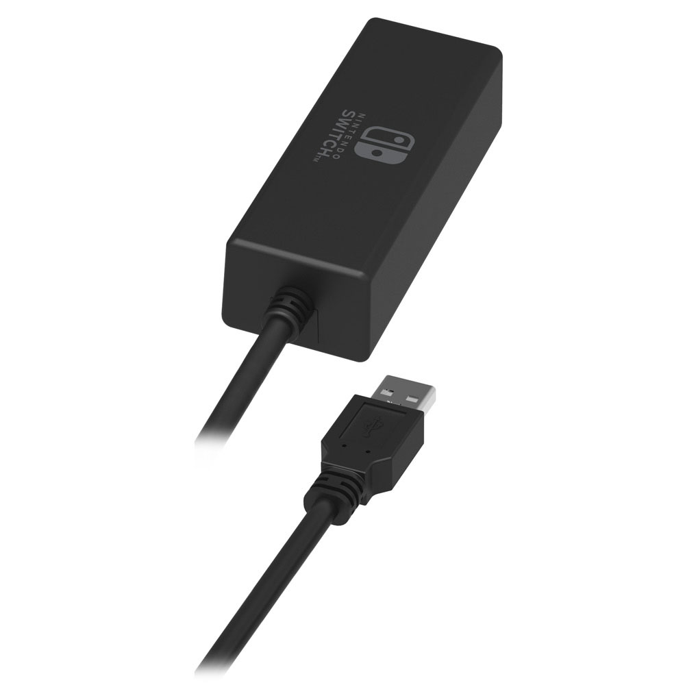 Adattatore Nintendo Switch nero e un cavo USB. L'estremità USB è visibile.