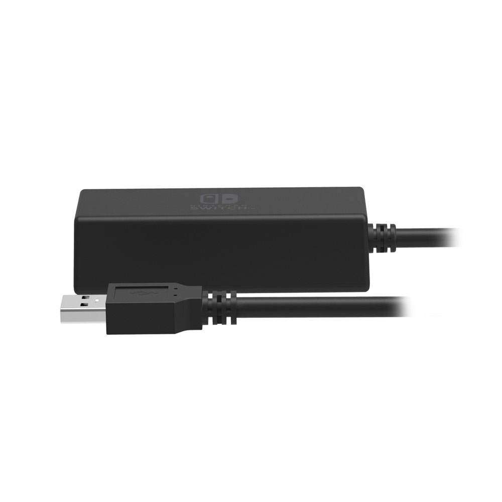 Un cavo adattatore da USB a Switch nero su sfondo bianco.