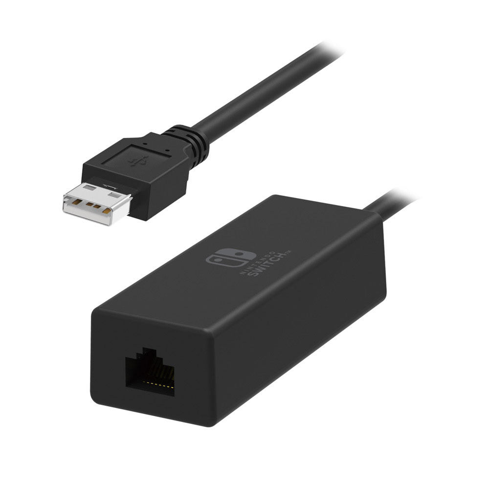 Un adattatore Nintendo Switch nero con un connettore USB e una porta Ethernet nella parte inferiore.