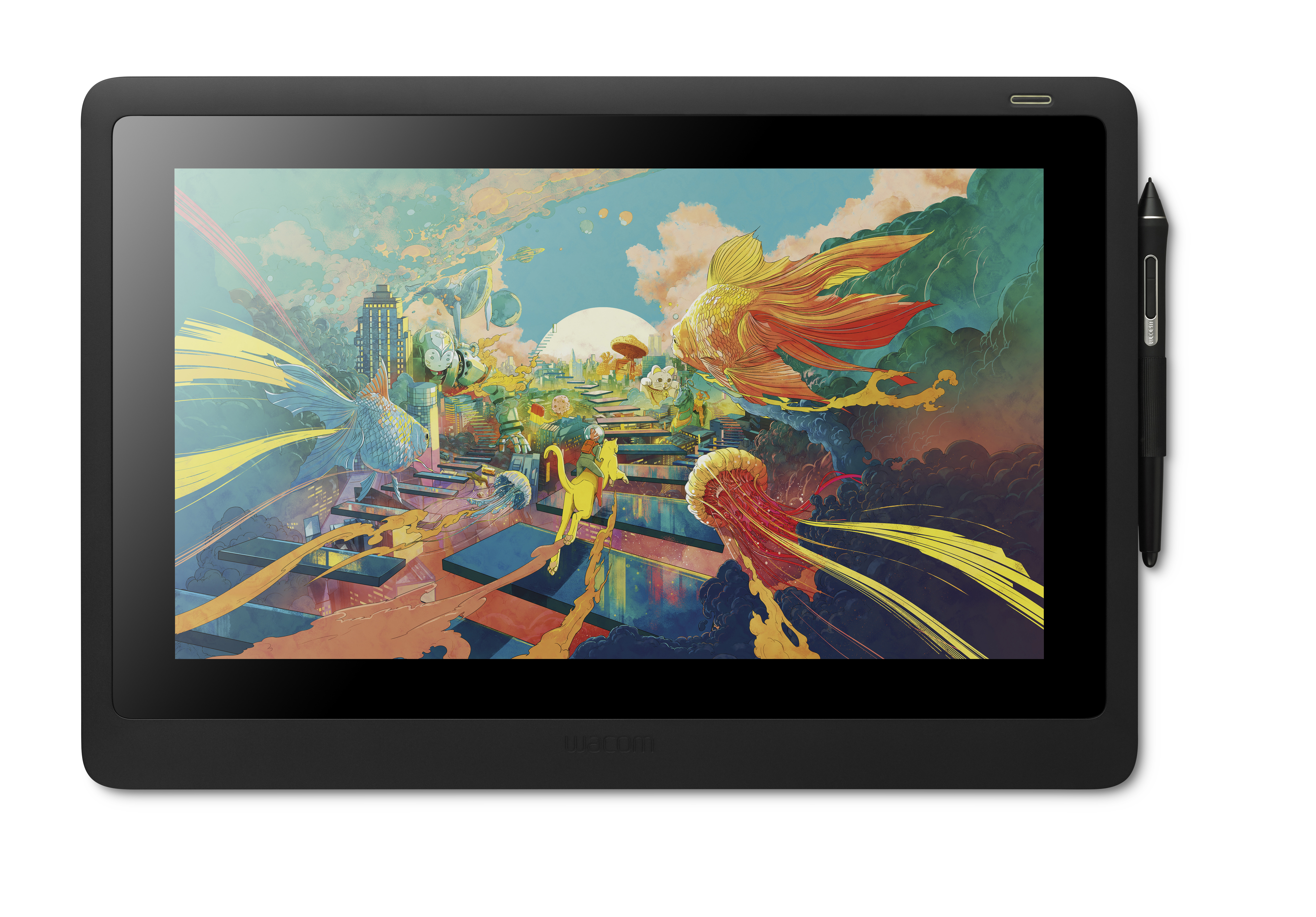 Schwarzes Tablet auf weißem Hintergrund, mit Szene auf dem Bildschirm und Stift.