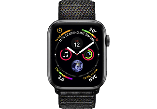 APPLE Watch Series 4 (GPS) 44 mm - Montre intelligente (140-210 mm, Nylon tissé, Bracelet: Noir / Boîtier: Gris sidéral)