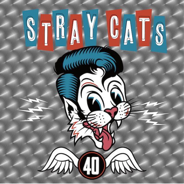 Ein Cartoon-Katzenkopf mit blauen Haaren, weißem Gesicht und roter Zunge. Stray Cats Logo.