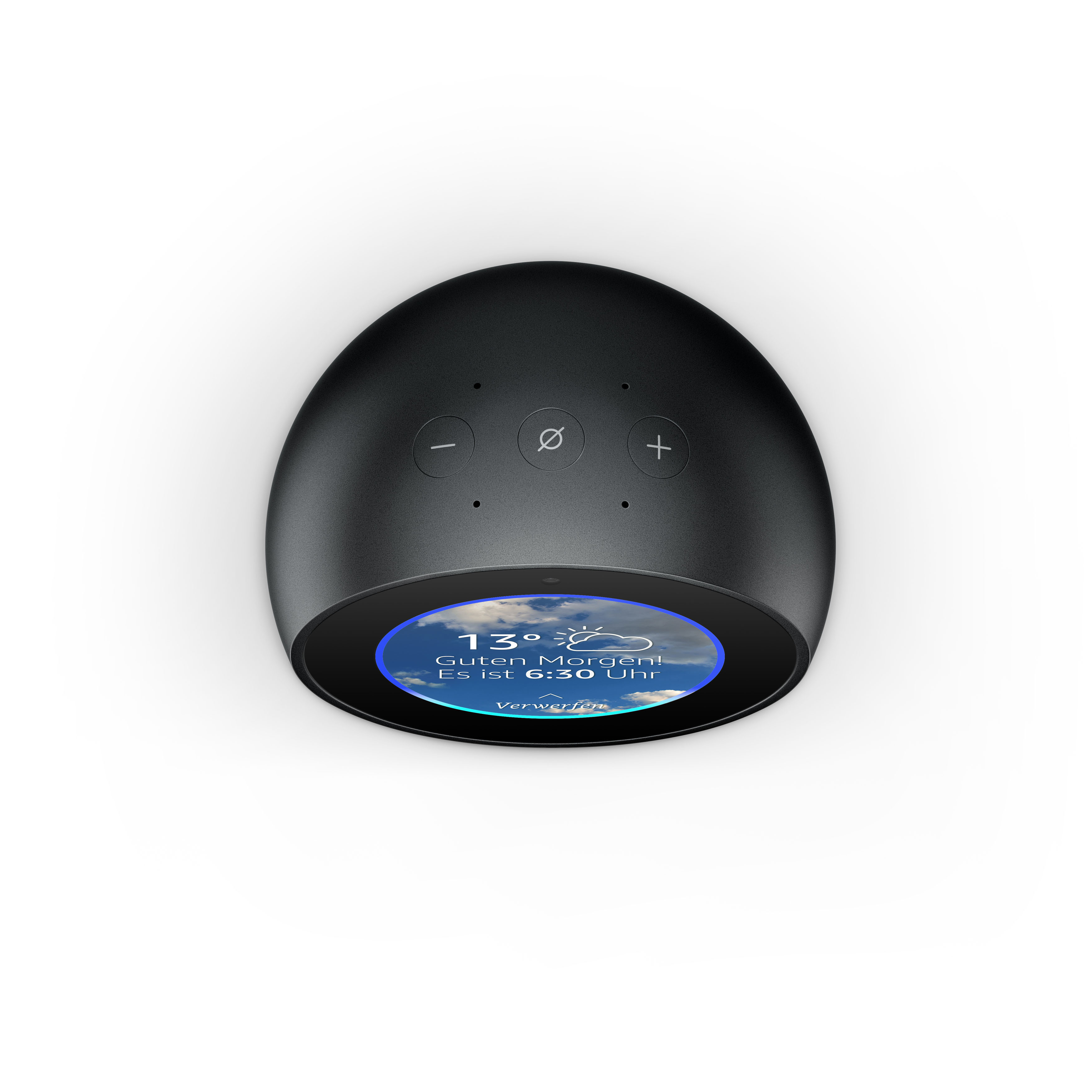 Ein schwarzer Smart Speaker mit Display, das eine Wettervorhersage auf Deutsch zeigt.