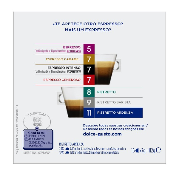 Gráfico de cápsulas de café, opciones de espresso con imágenes de tazas de café y texto, en español y portugués.