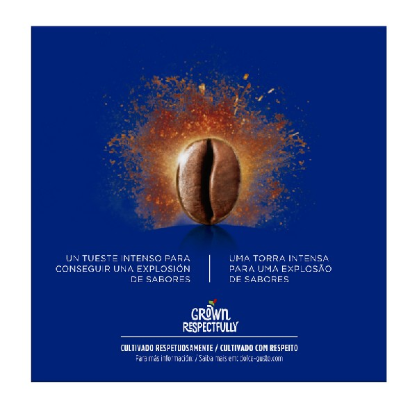 Un grano de café en una explosión de colores, con texto en español y portugués.