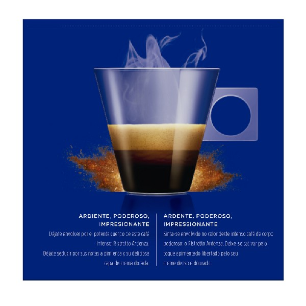 Una taza de café con base oscura, capa cremosa y vapor, sobre un fondo azul con texto.
