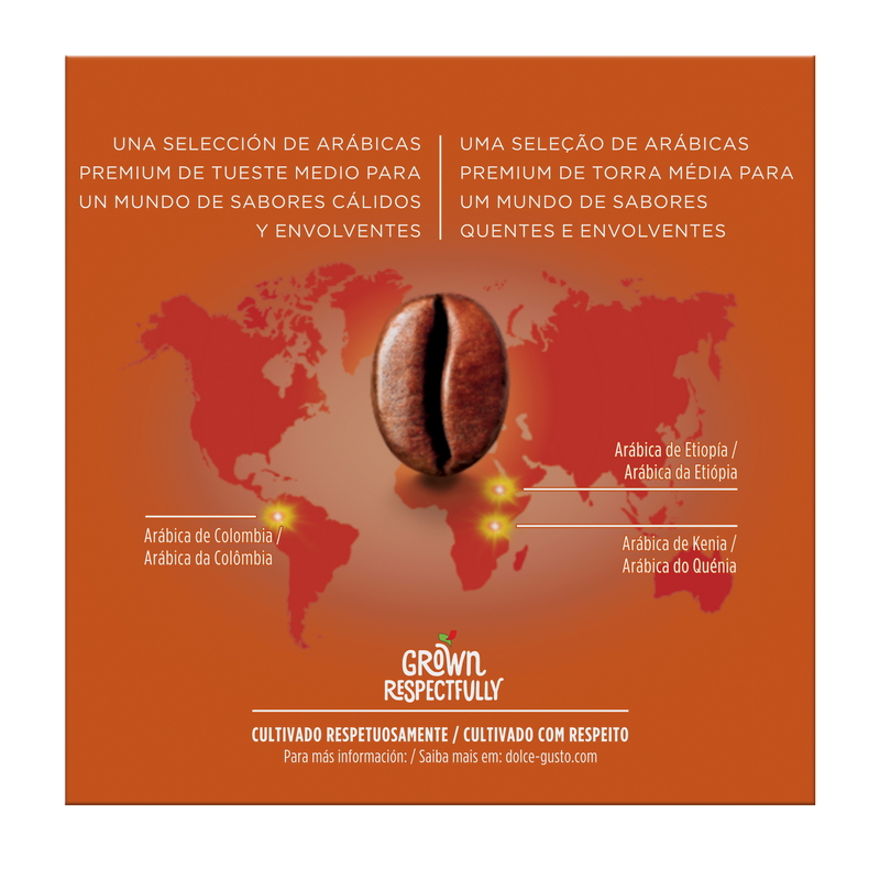 Un grano de café rodeado de un mapa mundial con texto en español y portugués.