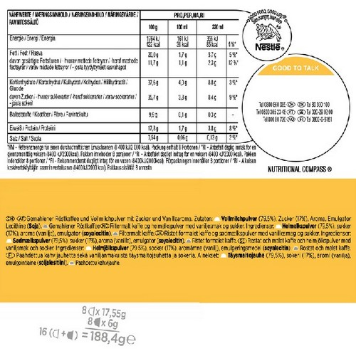 Tabla de información nutricional con datos y un logotipo de Nestlé. Muestra los valores nutricionales por porción y 100g.