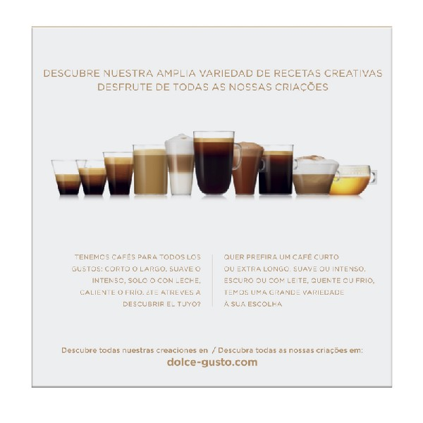 Variedad de bebidas de café en vasos sobre superficie blanca, con texto en español y portugués.