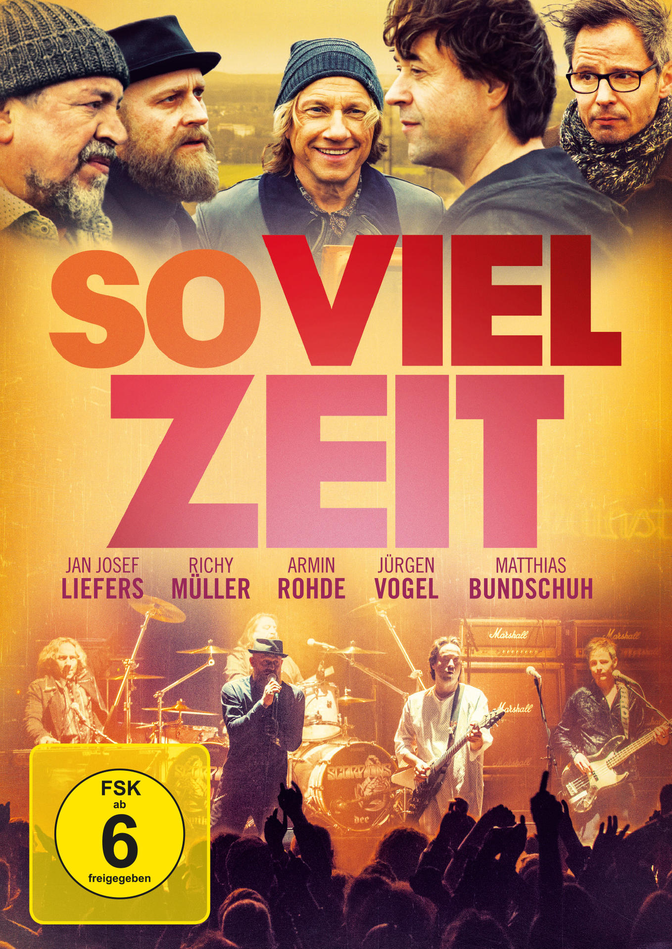 DVD-Cover für 'SO VIEL ZEIT'. Es zeigt eine Band auf der Bühne und Gesichter von Schauspielern. Gelber und roter Text.