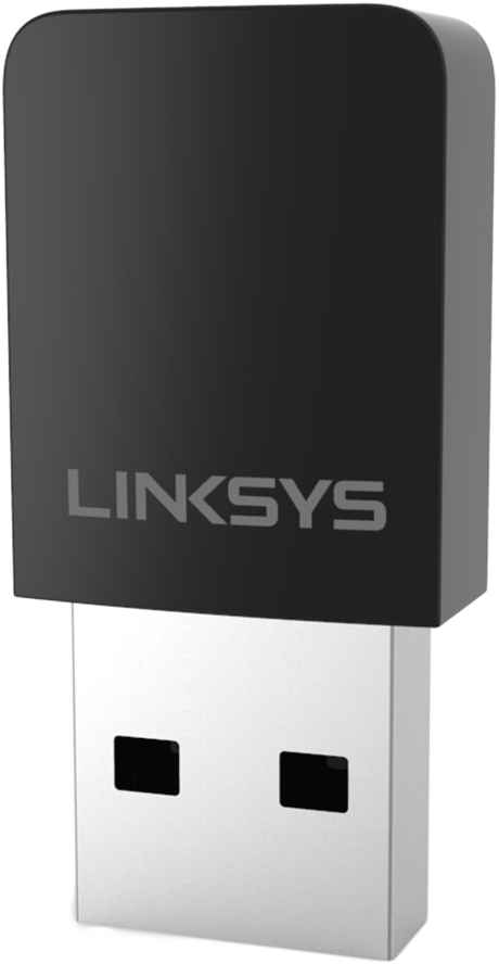 Fekete Linksys USB wifi adapter. Négyzet alakú, fehér USB csatlakozóval.