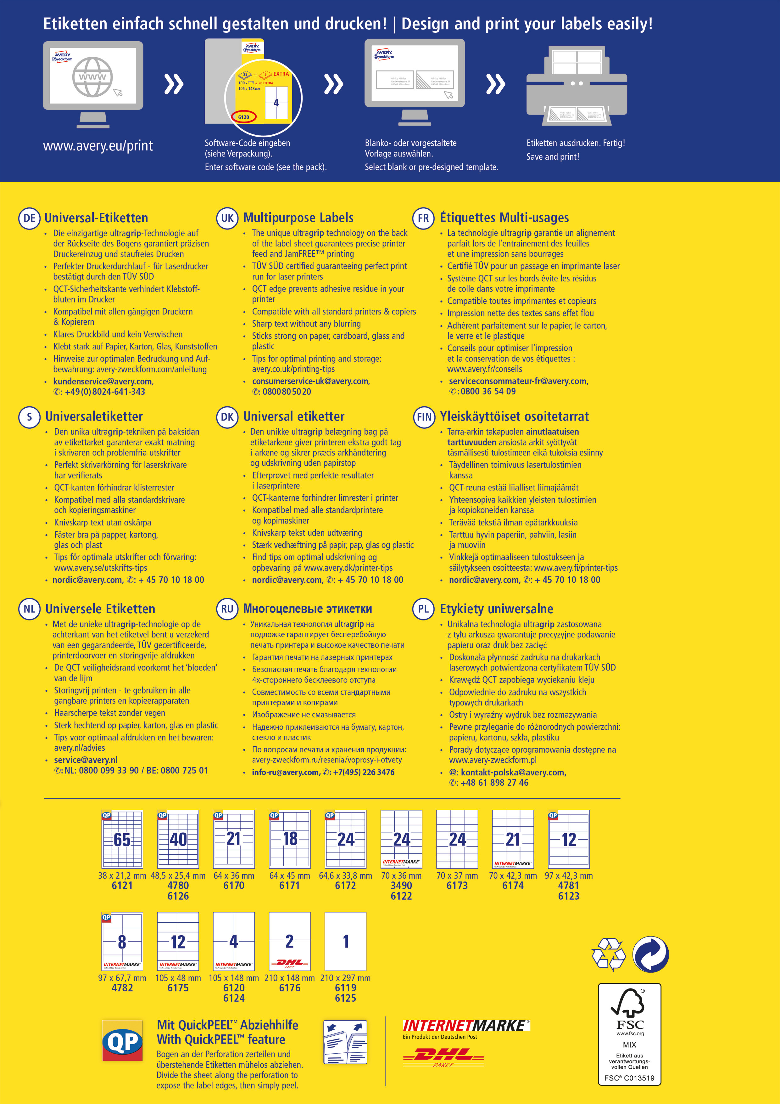 Infografik über Avery-Etiketten, die verschiedene Etikettentypen und ihre Verwendung in mehreren Sprachen zeigt.